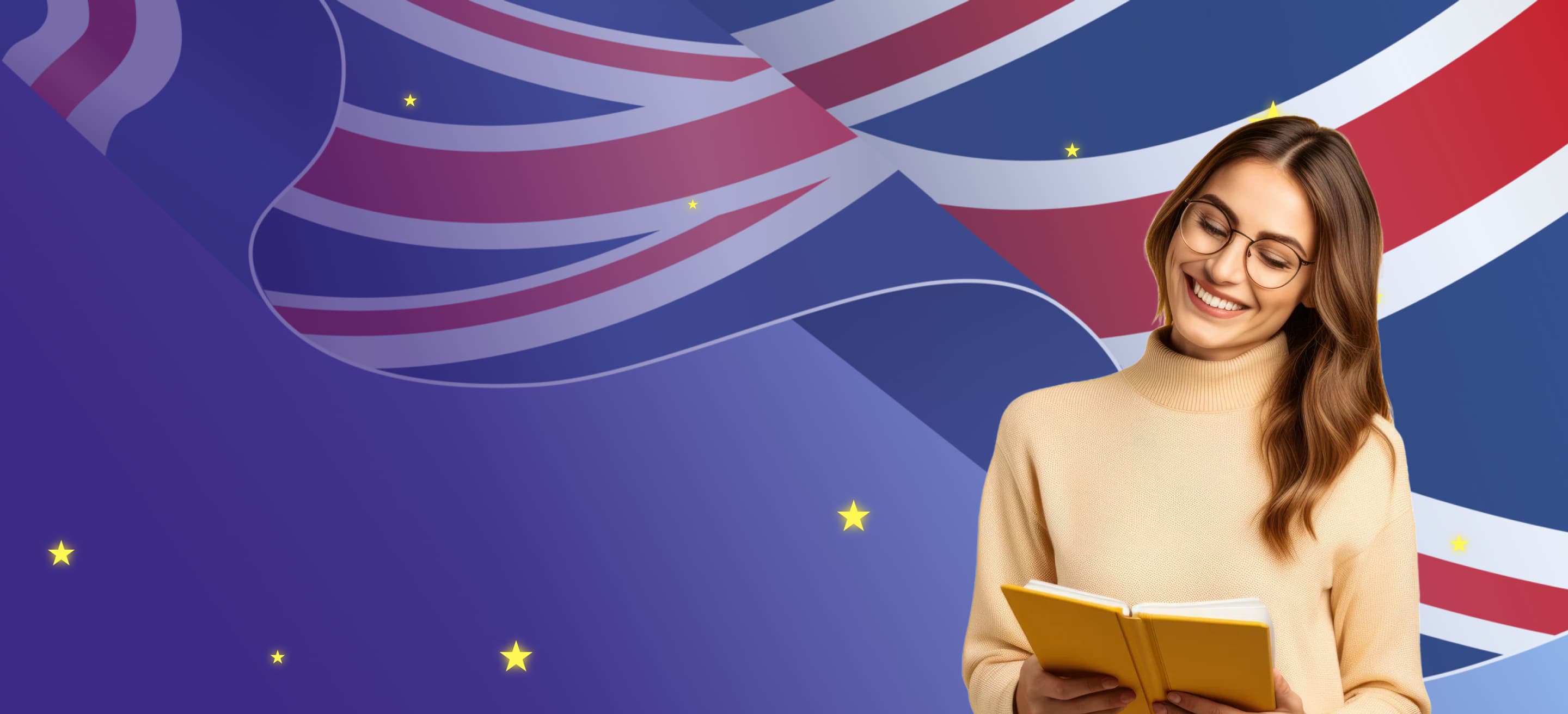 A British flag with stars and an adult woman with textbooks
