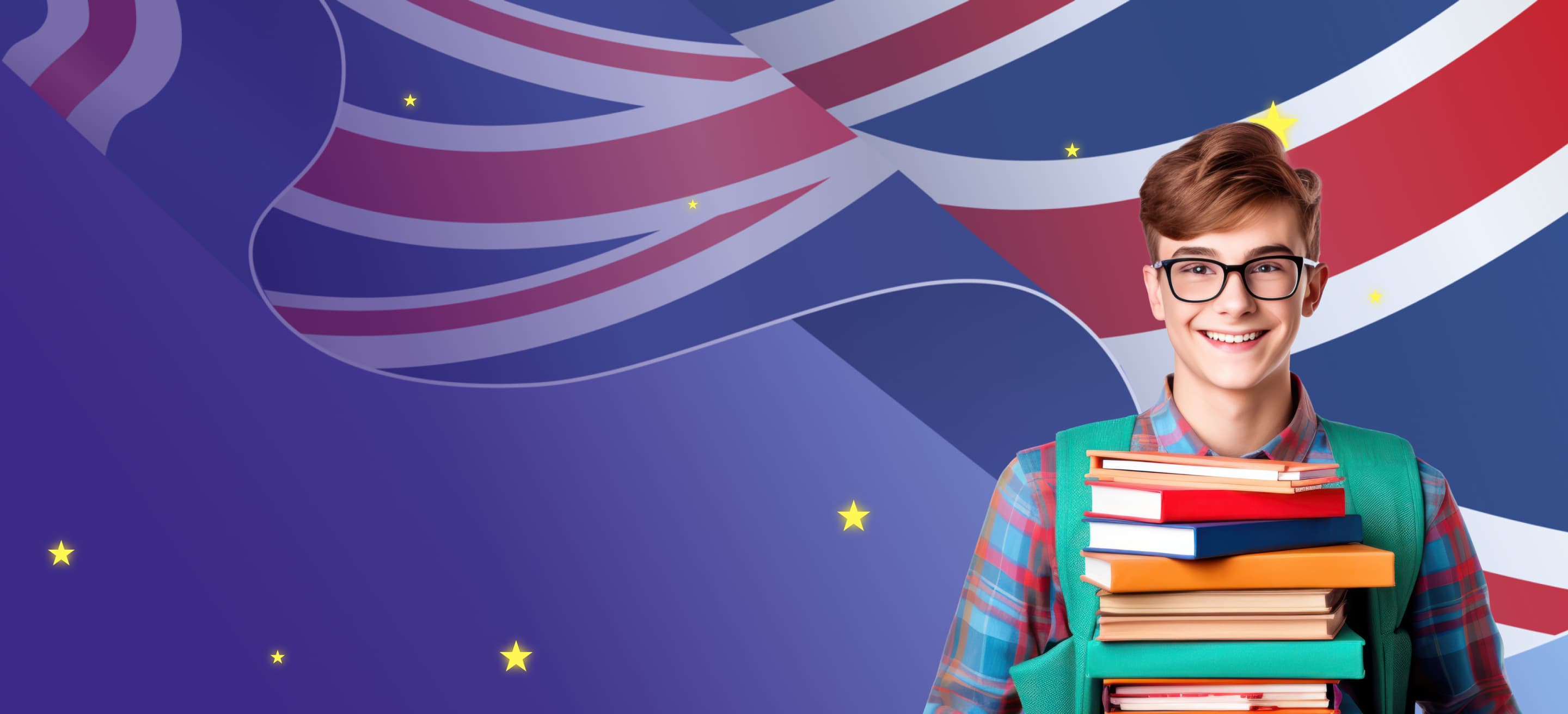 A British flag with stars and a teenager with textbooks